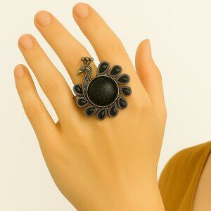 Vintage Peacock Ring – Black Gemstones & Center Stone – Adjustable Women Jewelry
